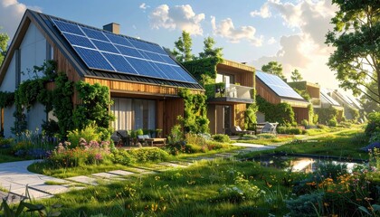 A row of eco-friendly homes with solar panels, nestled in a lush green environment, bathed in warm sunlight.