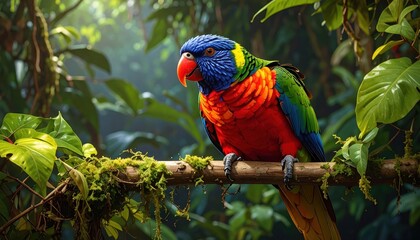 A vibrant rainbow lorikeet perches serenely on a mossy branch amidst lush tropical foliage, showcasing a breathtaking array of colors in a natural setting.