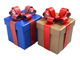 Obraz premium 3d illustration of two gift boxes, one blue and one gold, tied with red ribbon and bows, isolated on transparent background