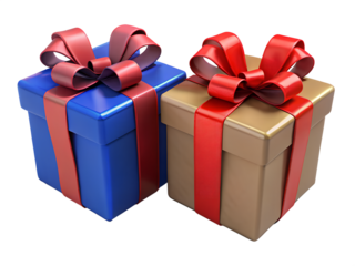 3d illustration of two gift boxes, one blue and one gold, tied with red ribbon and bows, isolated on transparent background