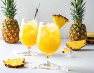 Two glasses of chilled pineapple juice with ice and a pineapple wedge garnish, showcasing a vibrant yellow color scheme on a light gray surface.