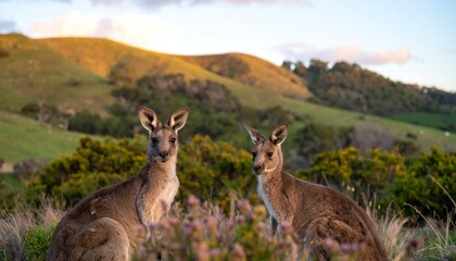 Two kangaroos gazing amidst wildflowers with scenic hilly backdrop