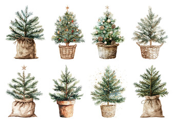 PNG Rustic miniature Christmas trees, element set on transparent background