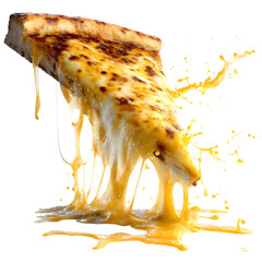 An appetizing slice of classic cheese pizza with gooey, stringy cheddar melting and splashing, isolated on a clean white background