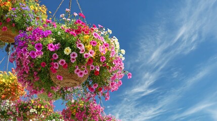 Colorful hanging flower baskets against a vibrant blue sky with fluffy white clouds.
