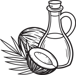 Coconut Oil Bottle with Coconut Fruit Vector Illustration – Black and White Organic Design
