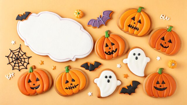 Delicious Halloween Pumpkin Ghost Cookies with Blank Space for Text Festive Autumn Treats - Powered by Adobe