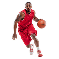 Side view of pro basketball player dribbling a ball while running in red jersey white isolated background image, clear detail and natural light, simple clean look simple style clean look soft tone cal