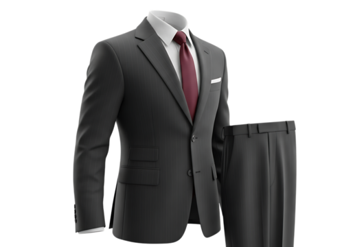 Elegant Pinstripe Suit with Burgundy Tie and White Pocket Square on Black