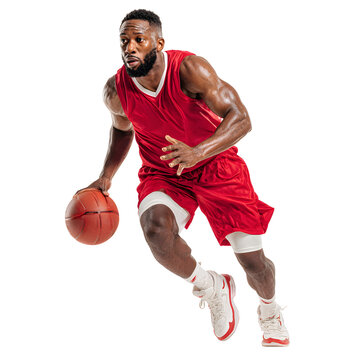 Side view of pro basketball player dribbling a ball while running in red jersey white isolated background image, clear detail and natural light, simple clean look simple style clean look soft tone cal