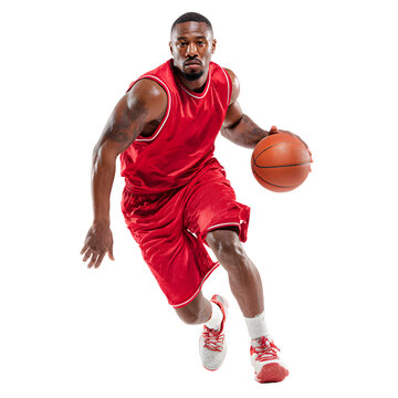 Side view of pro basketball player dribbling a ball while running in red jersey white isolated background image, clear detail and natural light, simple clean look simple style clean look soft tone cal