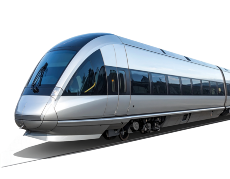 Modern Monorail Train Side View, Sleek Silver Design, Isolated on Transparent Background
