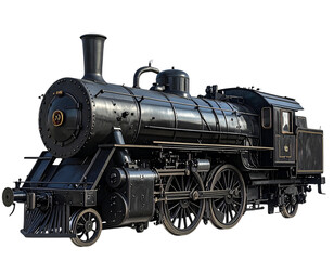 Fototapeta premium Classic Black Steam Locomotive Side View, Detailed Wheels, Isolated on Transparent Background