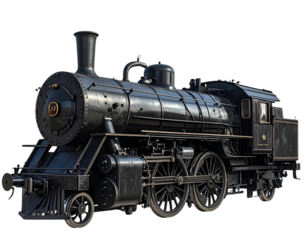 Classic Black Steam Locomotive Side View, Detailed Wheels, Isolated on Transparent Background