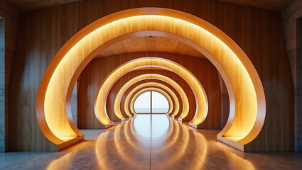 Obraz premium Futuristic innovation and creative architecture concept with illuminated wooden arches in a modern interior hallway design
