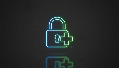 Minimalistic Glowing Padlock Icon With Cross Symbol on Dark Background, Perfect for Digital Security and Privacy Themes in Modern Design