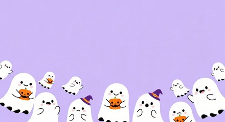 Obraz premium Adorable Halloween Ghost Illustration Cute Spooky Cartoon Ghosts with Pumpkins on Lavender