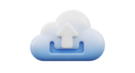 A 3d rendering of a cloud with an upload arrow isolated on transparent background, representing cloud computing and data transfer technology