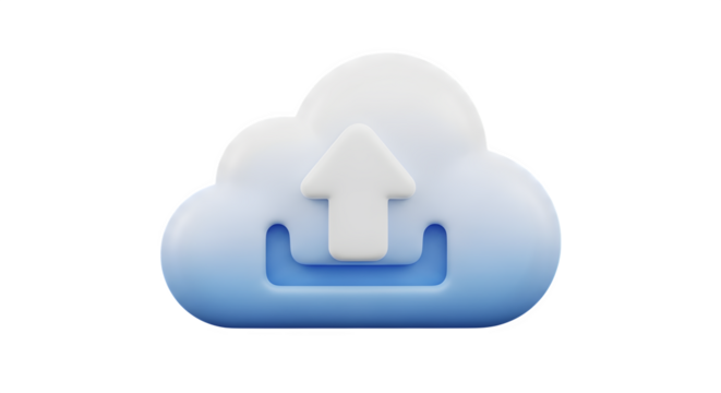 A 3d rendering of a cloud with an upload arrow isolated on transparent background, representing cloud computing and data transfer technology