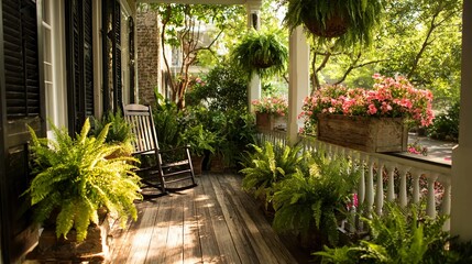 A charming Southern porch adorned with lush ferns and blooming pink flowers, featuring a rocking chair bathed in sunlight.