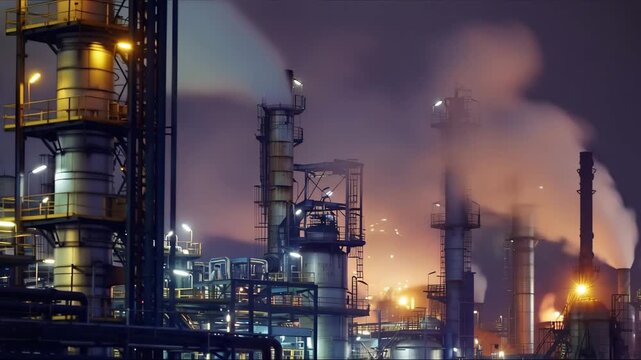chemical plant at sunset. Drone shot. Curling fire and cumin smoke filling the sky. Smoking chimneys from the factory.