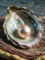 Obraz premium Close-up view of a natural oyster shell with a lustrous pearl inside