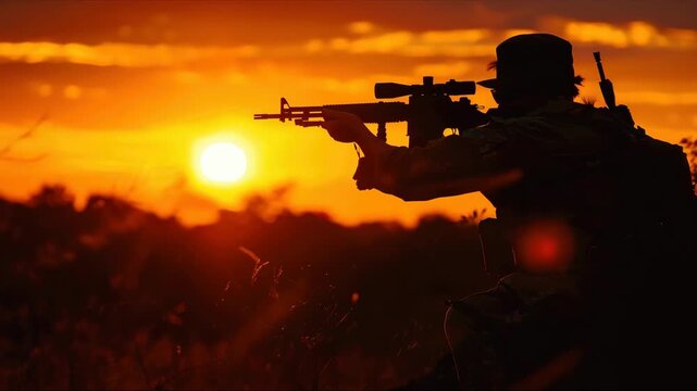 Silhouette of a sniper with at sunset