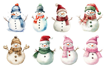PNG Charming watercolor snowman collection, element set on transparent background
