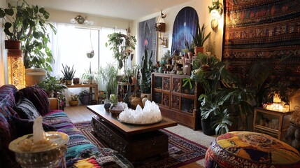 Cozy, eclectic living room filled with plants, textiles, and unique decor.