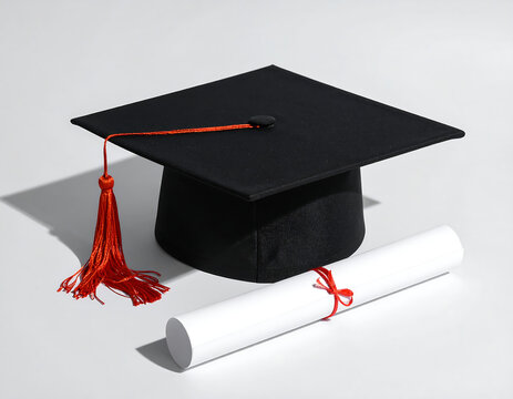 Black graduation cap and diploma resting on a light grey background, signifying academic achievement and completion of studies.