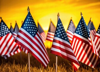 American flags displayed in natural grass with blurred background