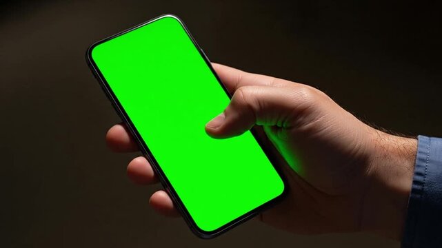 A man's hand holding and using a modern smartphone, touching the bright green chroma key screen against a dark background