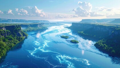 A high-altitude, serene view of a winding river flowing through a dramatic canyon, surrounded by lush greenery and dramatic cliffs, bathed in soft, natural light.