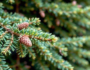 Fototapeta premium Closeup Conifer Branch with Cones and Needles