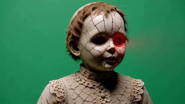 Creepy cracked doll against a green screen, evoking horror and unease.