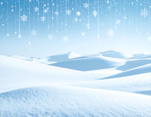 Obraz premium Winter wonderland landscape with snow-covered dunes and snowflakes.