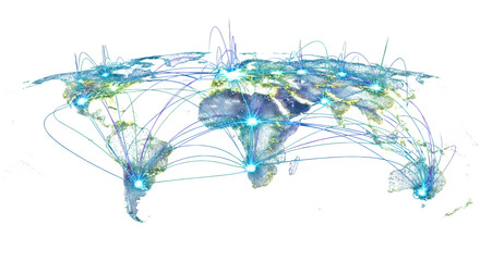 Global communication network showing the connection between major cities around the world isolated on transparent background concept for business and technology