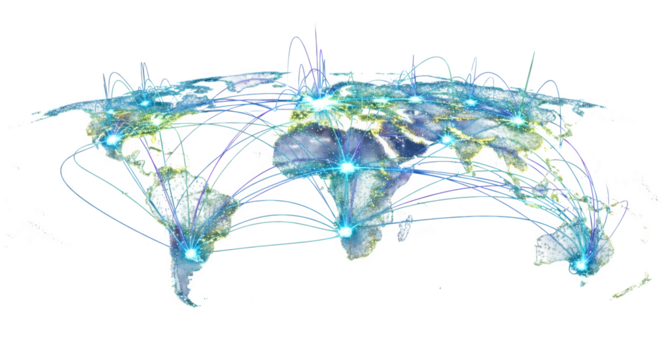Global communication network showing the connection between major cities around the world isolated on transparent background concept for business and technology