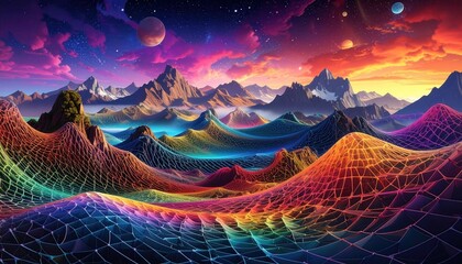 A vibrant, colorful landscape of undulating mountains, rendered with a digital mesh network, showcasing a spectrum of hues against a breathtaking sunset sky and distant celestial bodies.