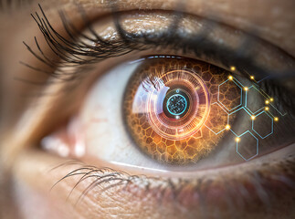 Close up of a brown eye with futuristic digital overlay and hexagon pattern technology design