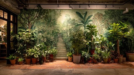 An indoor plant display featuring numerous potted plants in front of a large mural depicting a lush, green forest path.