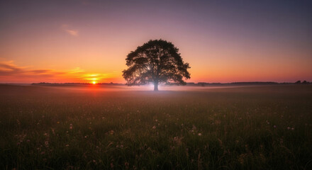 Large solitary tree dark silhouette with a radiant glow around its base and a full dense leafy canopy.
