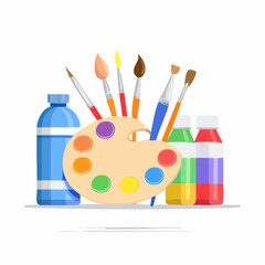Painting tools set. Art supplies elements, paint tubes, brushes, pencil, watercolor, palette.
