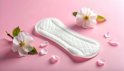The sanitary napkin lying with blossom on pink background.