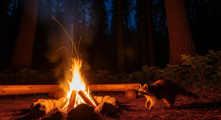 Campfire at Night with Raccoon and Log