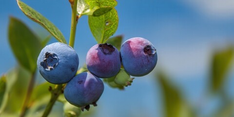 Vibrant blueberries growing on a branch, captured with natural light and detail.