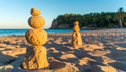Zen stones stack on a tropical beach at sunrise create a peaceful scene