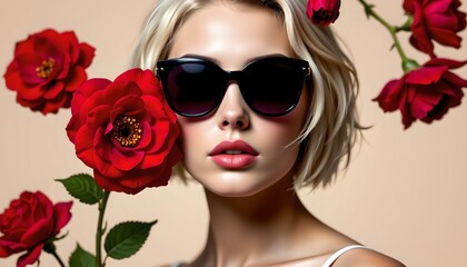 Fototapeta premium Fashionable Woman with Floral Frame and Sunglasses