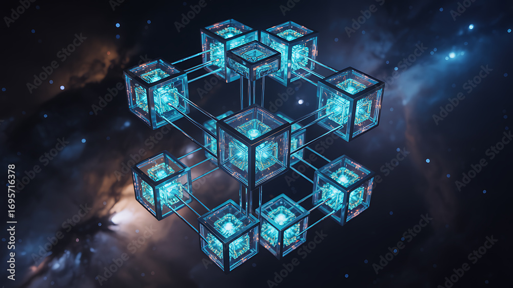 Wall mural complex interconnected cube network with blue and red lights blockchain technology