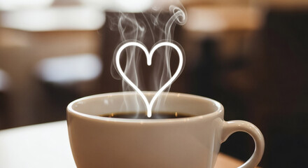 Steaming Cup of Coffee with Heart-Shaped Steam.